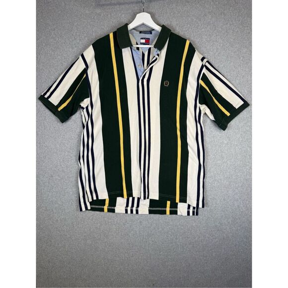 Vintage 90s Tommy Hilfiger Men's Size XL Green Yellow Striped Short Sleeve Polo - Picture 1 of 7